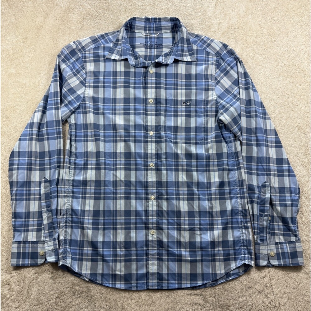 Vineyard Vines Mens OTG Performance Plaid Blue Button Down Shirt Small‎